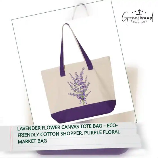 Lavender Flower Canvas Tote Bag &ndash; Eco-Friendly Cotton Shopper, Purple Floral Market Bag by@Outfy