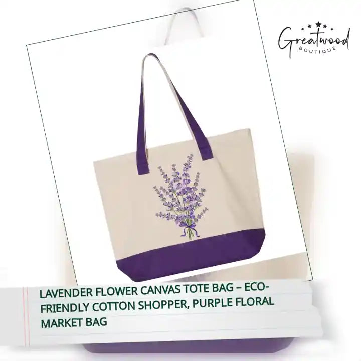 Lavender Flower Canvas Tote Bag &ndash; Eco-Friendly Cotton Shopper, Purple Floral Market Bag by@Outfy