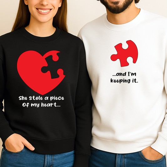 Matching Couple Valentine Puzzle Heart Sweatshirts His & Hers