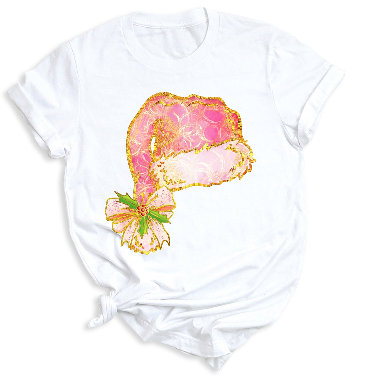 Coquette Santa Hat Pink Bow Shirt – Trendy Christmas Tee for Women & Girls, Xmas Party Holiday Top